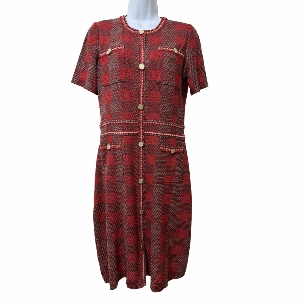 Misook‎ Bold Plaid Tweed Knit Sheath Mini Dress Size L Red Classic Old Money